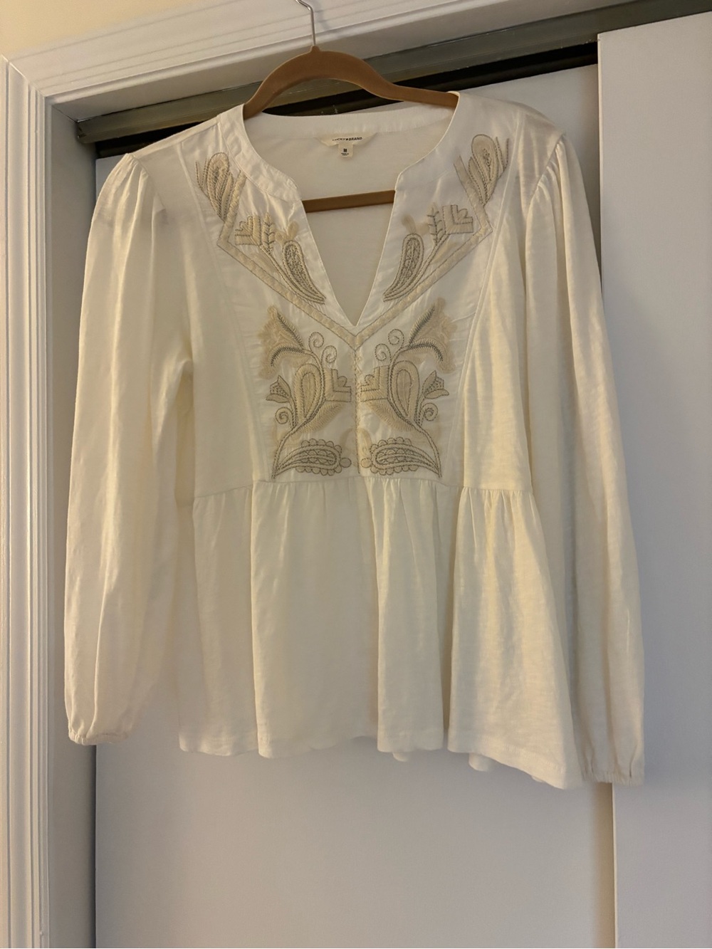 Lucky Brand Cream Embroidered V-Neck Tunic
